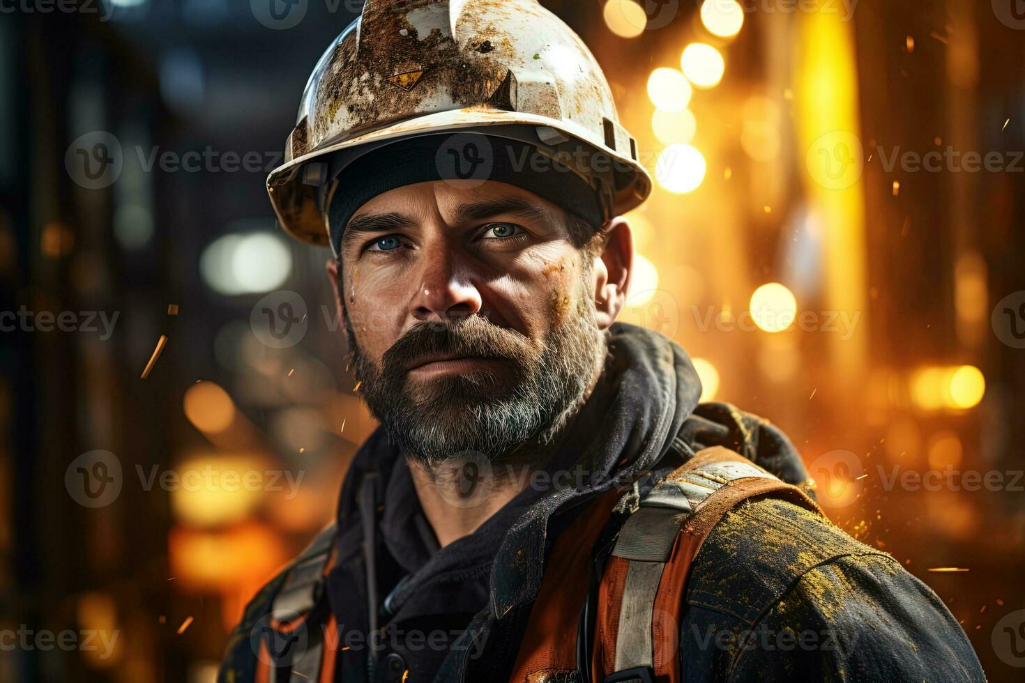 ai generato ritratto di un' acciaio industria lavoratore nel un' fonderia contro un' sfocato sfondo di fuoco e scintille foto