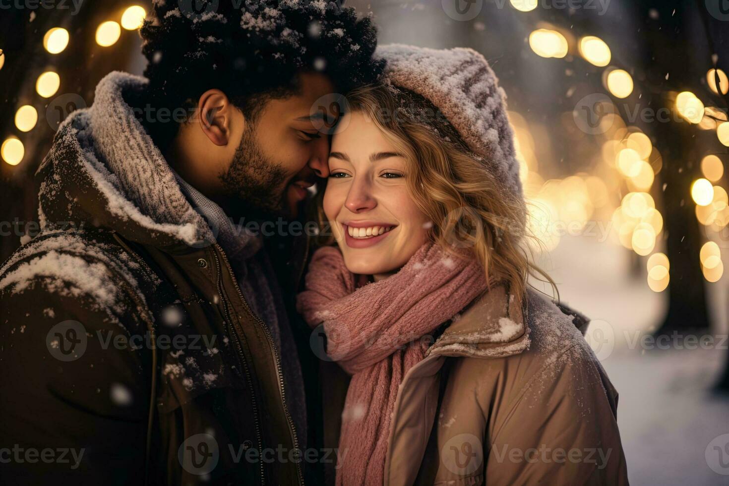 ai generato vicino su ritratto di un' multirazziale coppia nel amore abbracciare nel un' inverno parco su un' sfocato ghirlanda sfondo foto