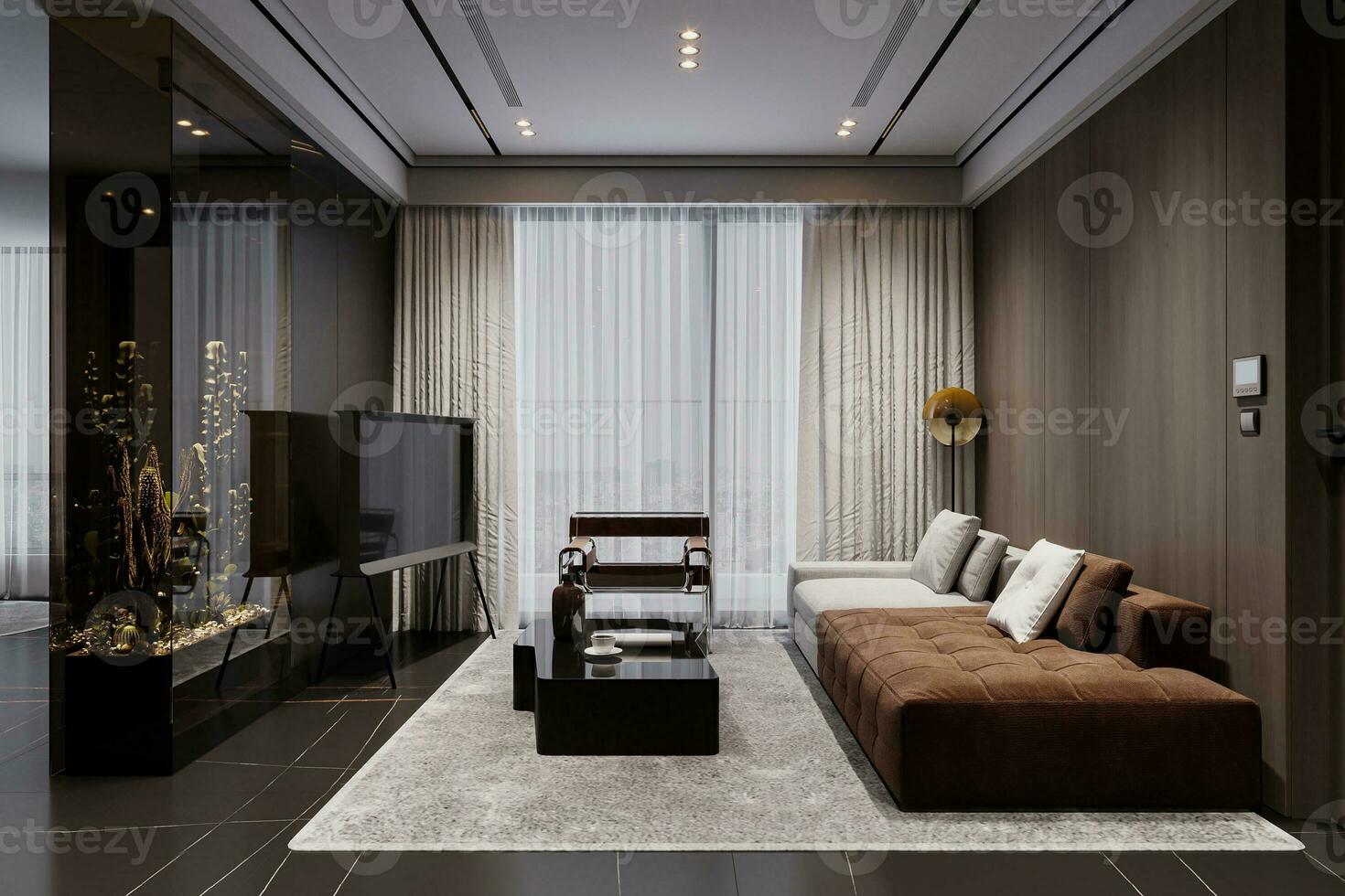 elegante Casa interni con moderno e esclusivo mobilia e, un' inteligente tv in piedi di il finestra. foto