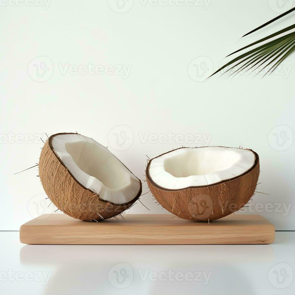 ai generato fresco Noce di cocco su mensola vero foto fotorealistico