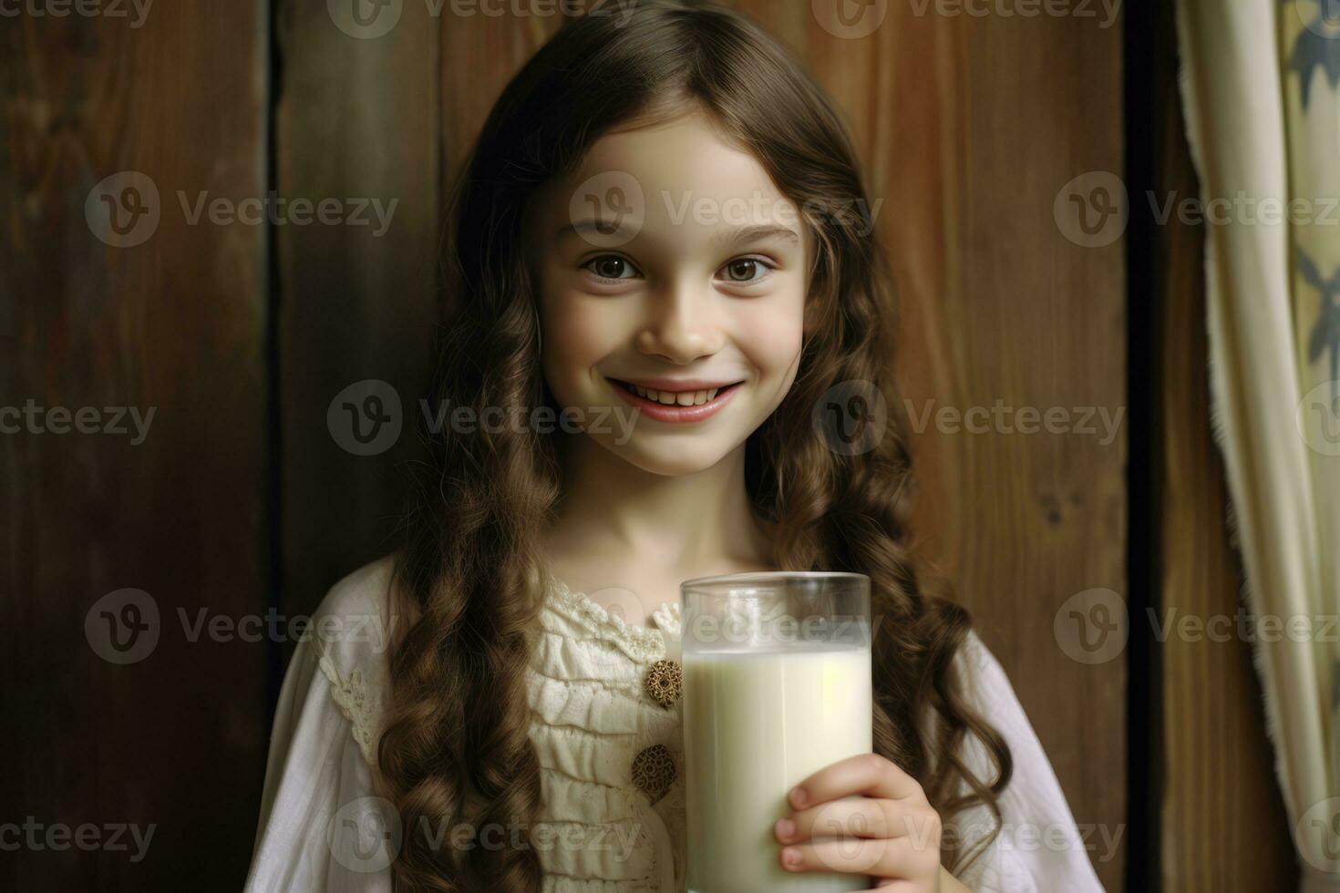 ai generato un' sorridente poco ragazza potabile latte foto