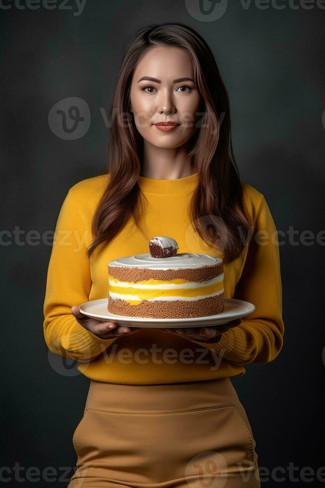ai generato un' donna nel un' giallo maglione Tenere un' torta su un' piatto foto