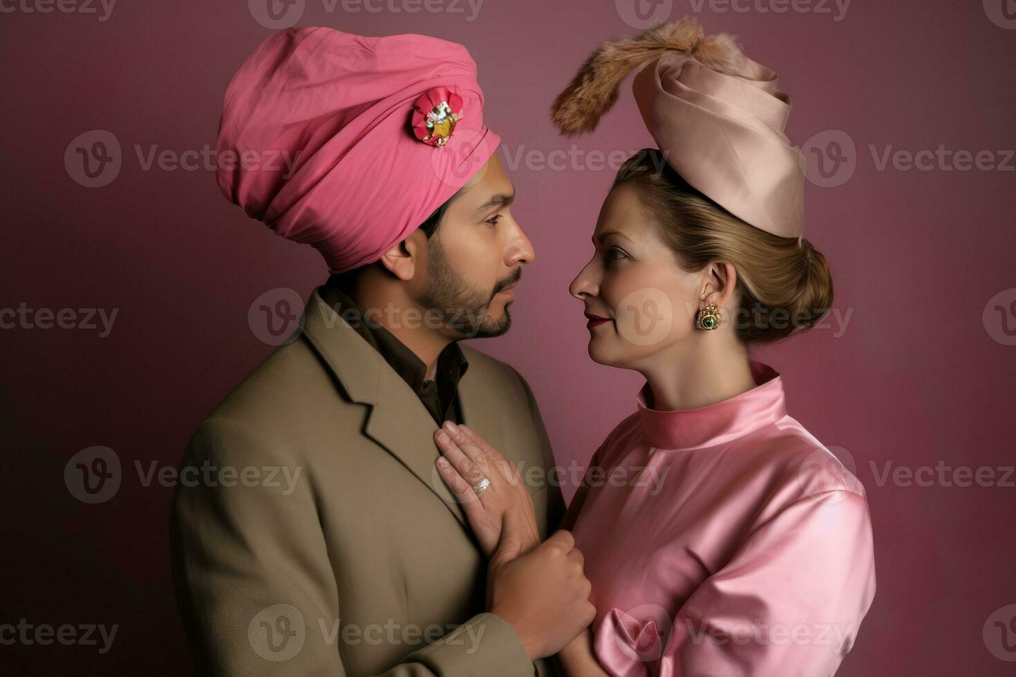 ai generato un' coppia vestito nel rosa e bianca, indossare religioso copricapo, in posa per un' foto