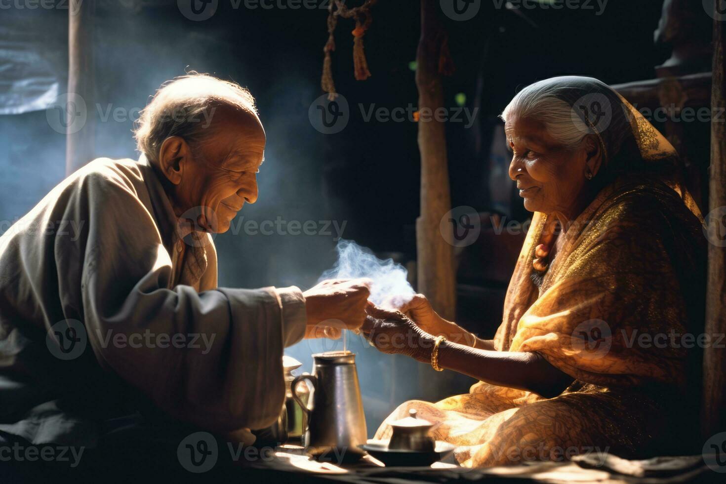 ai generato un vecchio uomo e donna condivisione un' momento di connessione al di sopra di un' tazza di tè foto