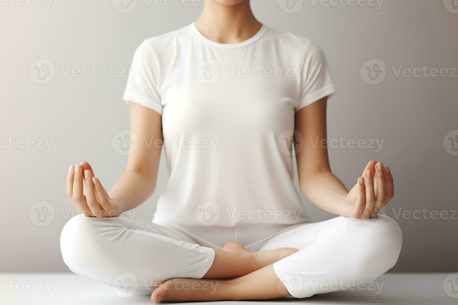 ai generato un' giovane donna medita su un' leggero sfondo nel il loto posizione. mani vicino su. biohacking concetto, miglioramento Salute e benessere attraverso meditazione foto