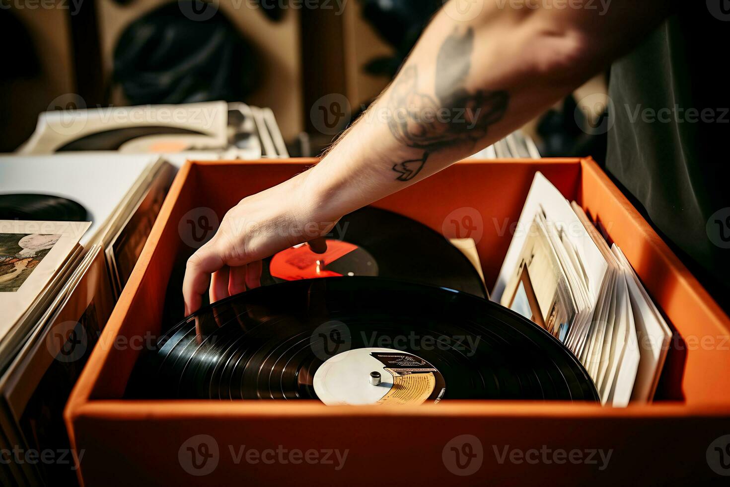 ai generato un' uomo prende un' vinile disco a partire dal un' scatola. mani vicino su. concetto di ascoltando per musica insieme nel vinile e Audio barre foto