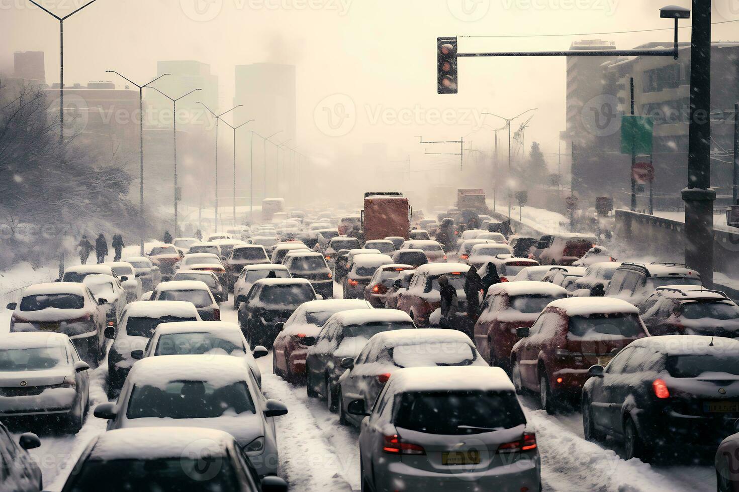 ai generato molti macchine siamo incollato nel un' traffico marmellata su un' nevoso strada dopo un' neve tempesta foto