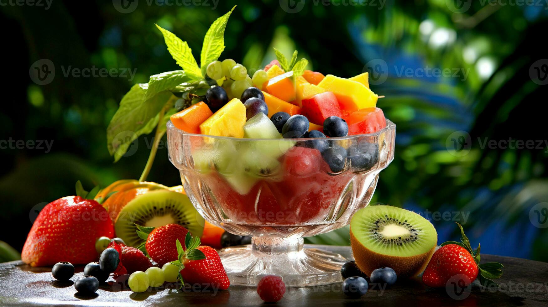 ai generato frutta insalata nel un' bicchiere ciotola con fresco frutta e frutti di bosco su un' buio sfondo. foto