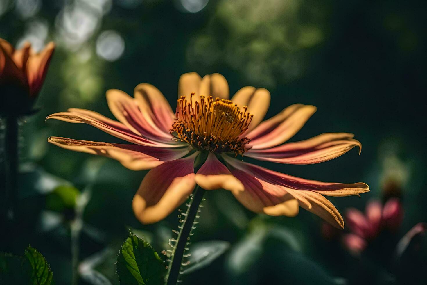 ai generato un' fiore è mostrato nel il sole con sfocato sfondo foto