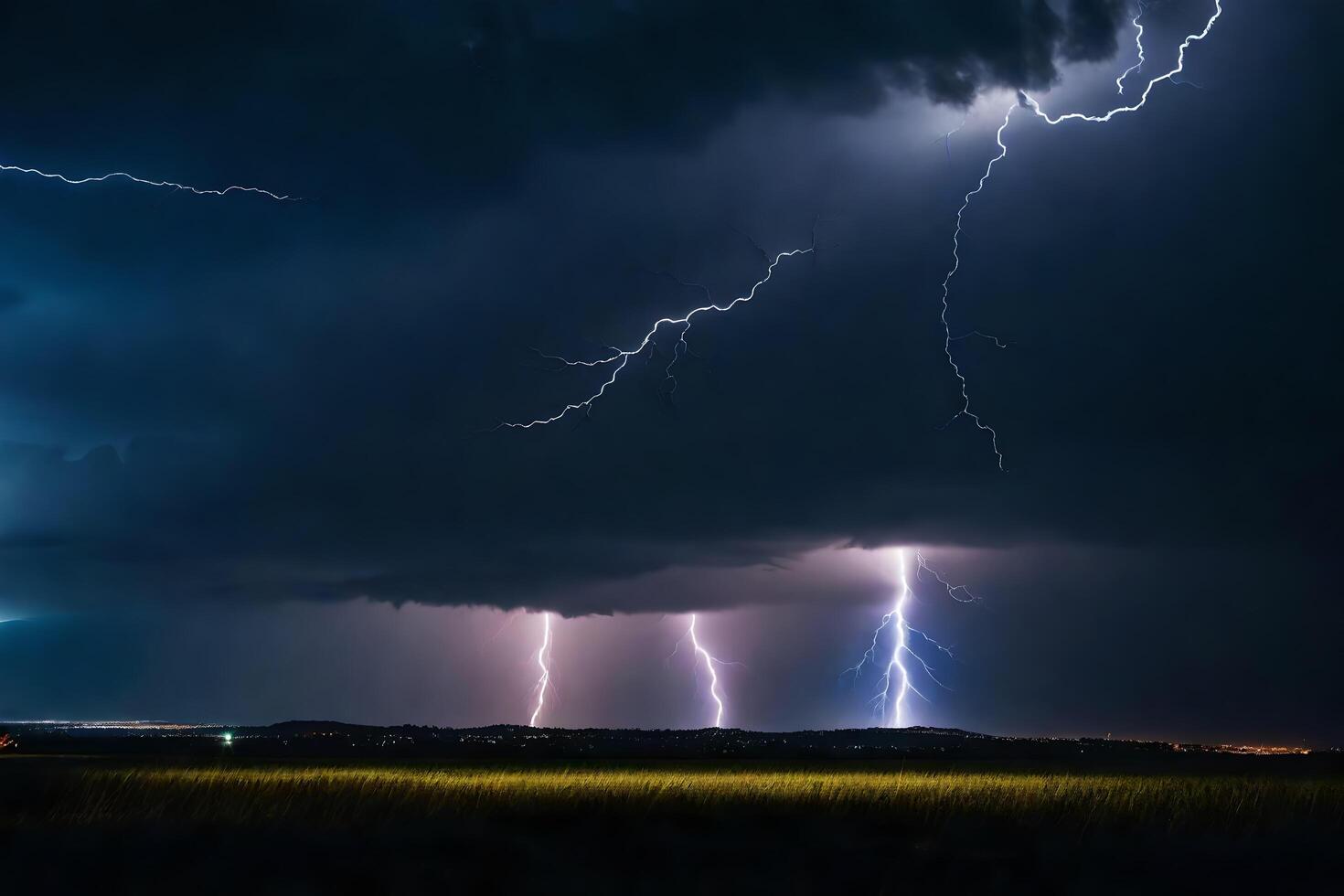 ai generato fulmine scioperi al di sopra di un' campo nel il buio foto