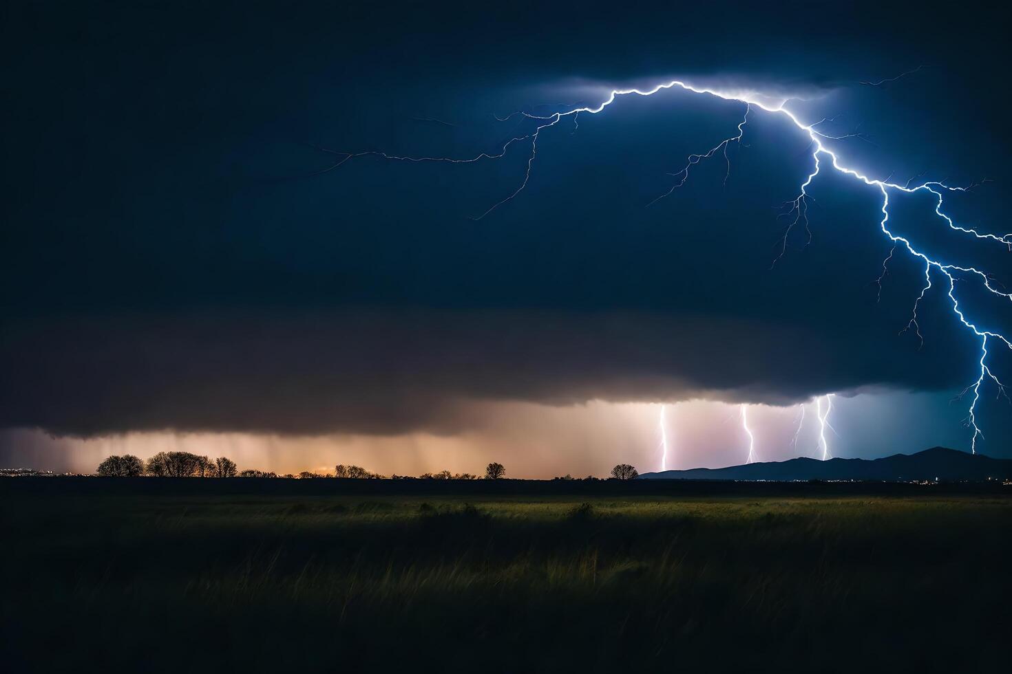 ai generato fulmine scioperi al di sopra di un' campo nel il buio foto