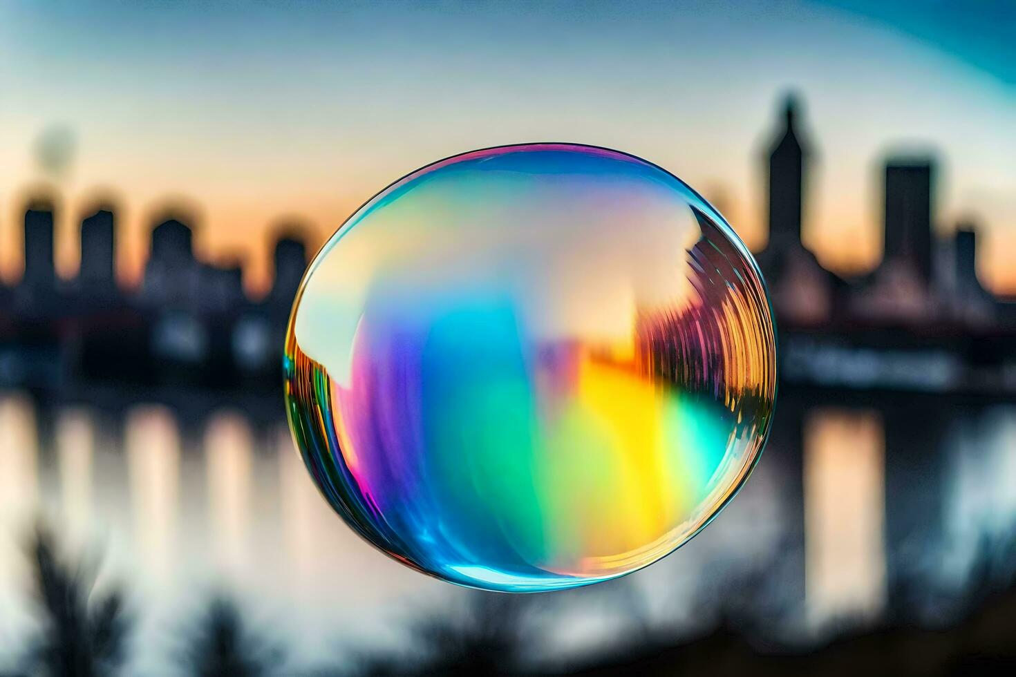 ai generato un' sapone bolla con un' città nel il sfondo foto