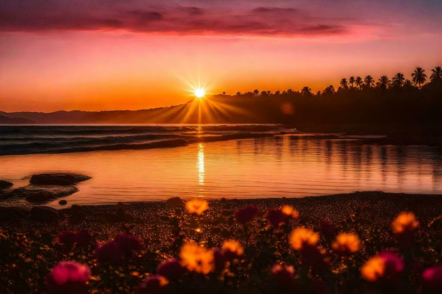 ai generato il sole è ambientazione al di sopra di un' spiaggia con fiori foto