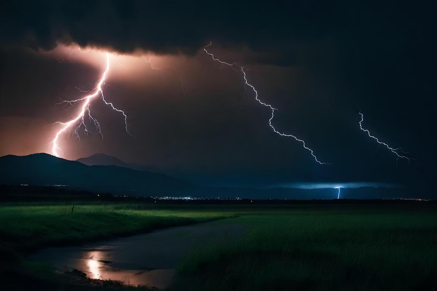 ai generato fulmine scioperi al di sopra di un' fiume e montagne foto