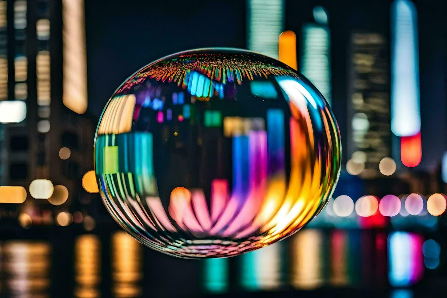 ai generato un' colorato bolla con città luci nel il sfondo foto