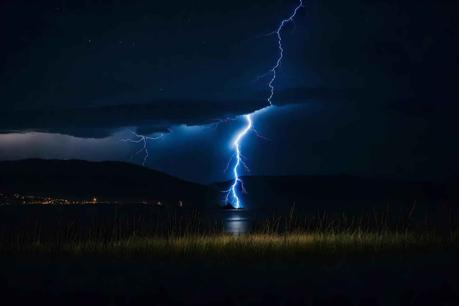 ai generato fulmine al di sopra di il lago foto