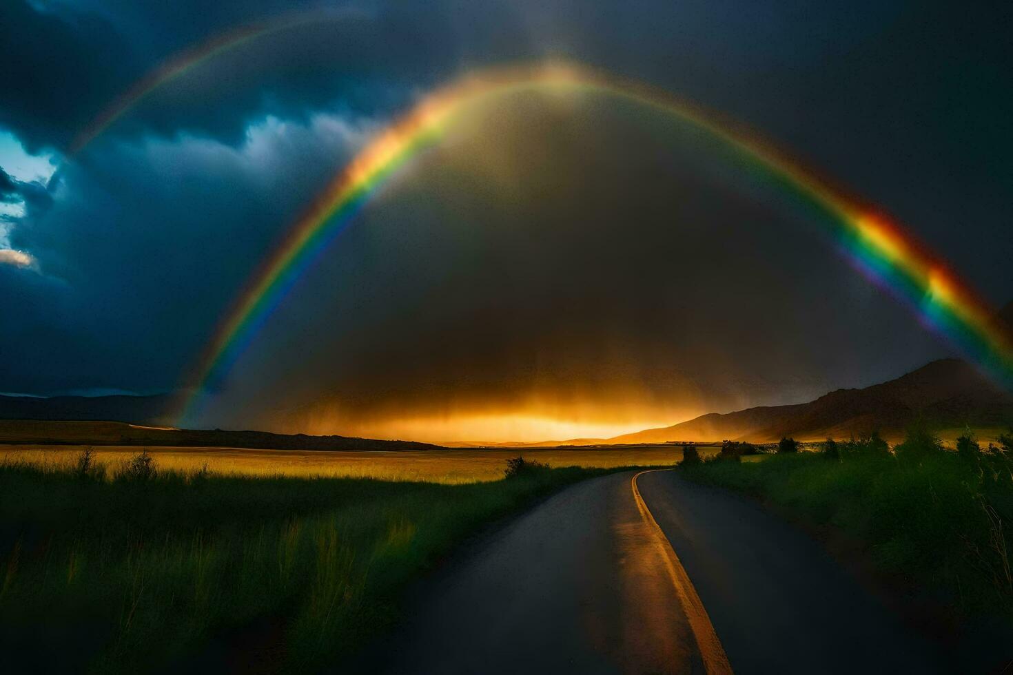 ai generato un' strada con un' arcobaleno nel il cielo foto