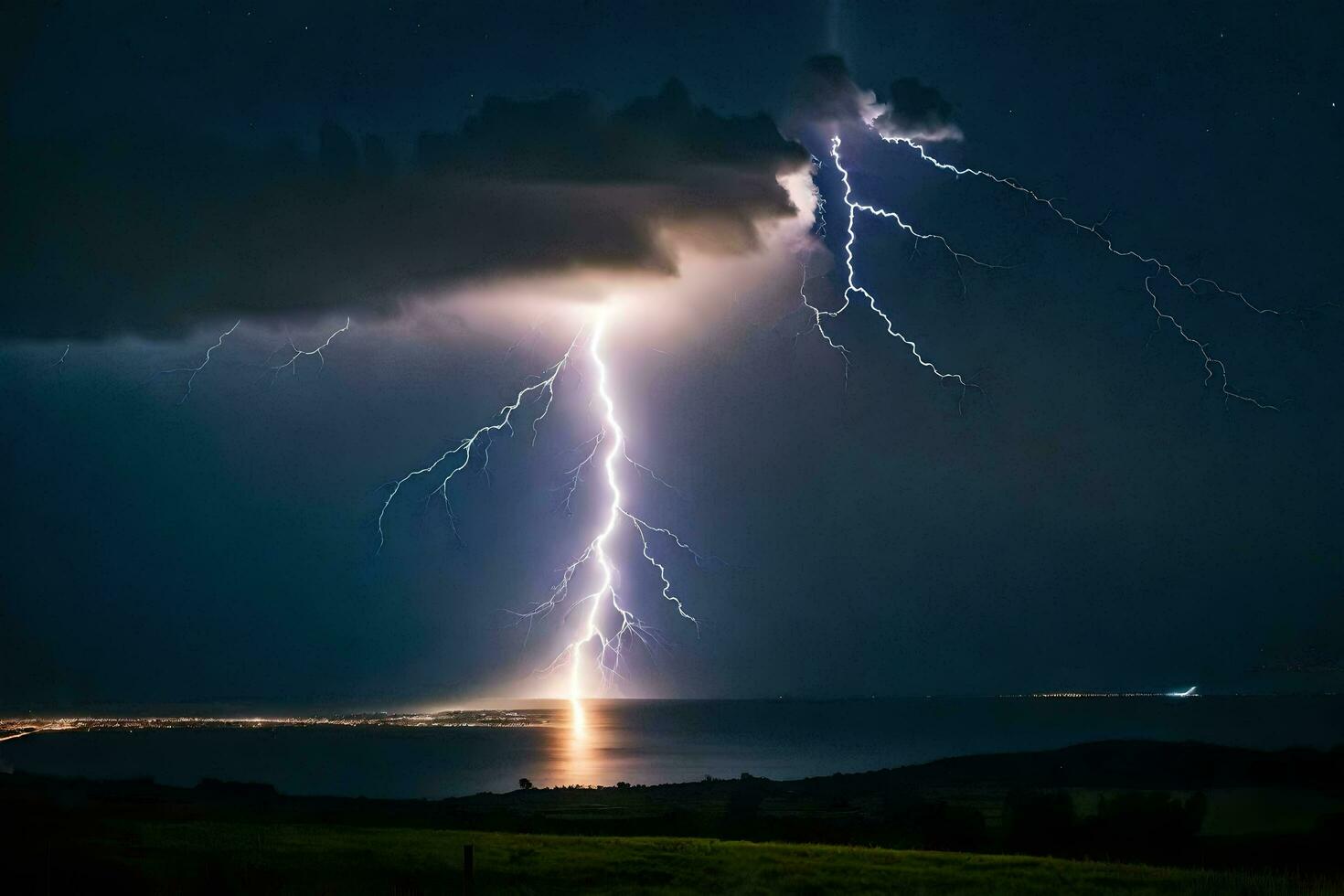 ai generato fulmine scioperi al di sopra di un' corpo di acqua e un' nube foto