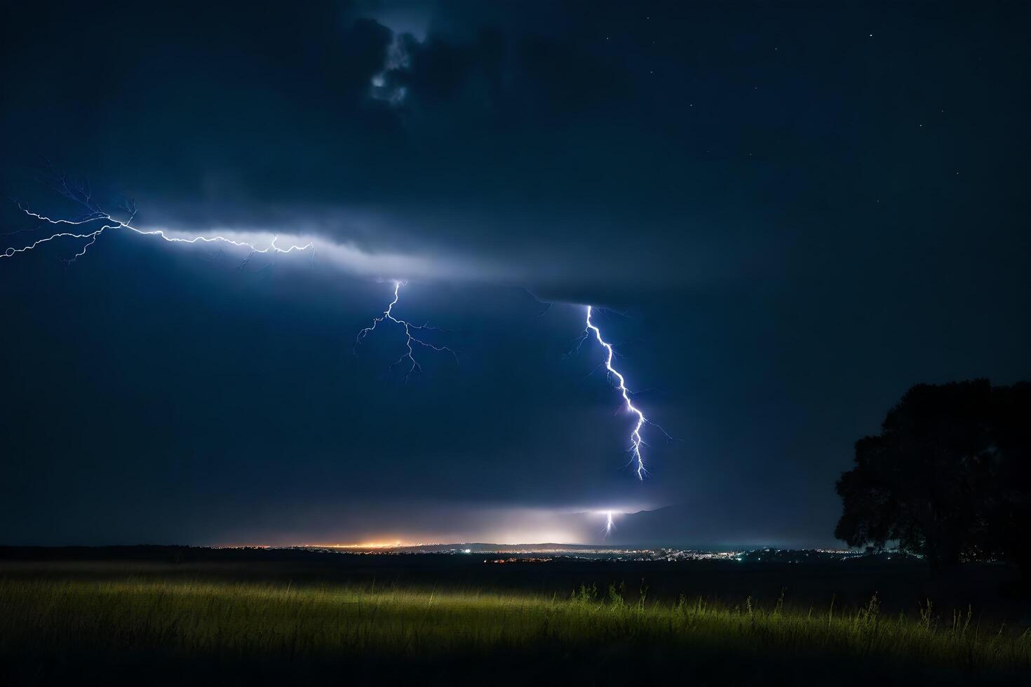 ai generato fulmine scioperi al di sopra di un' campo a notte foto