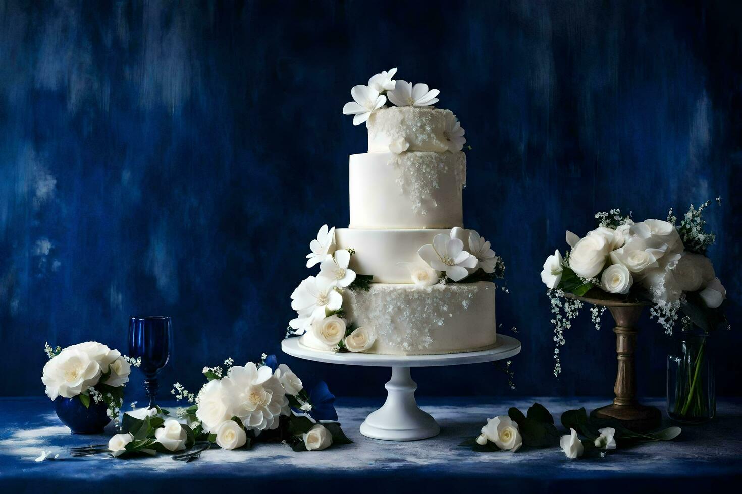 ai generato un' bianca nozze torta con blu fiori su superiore foto