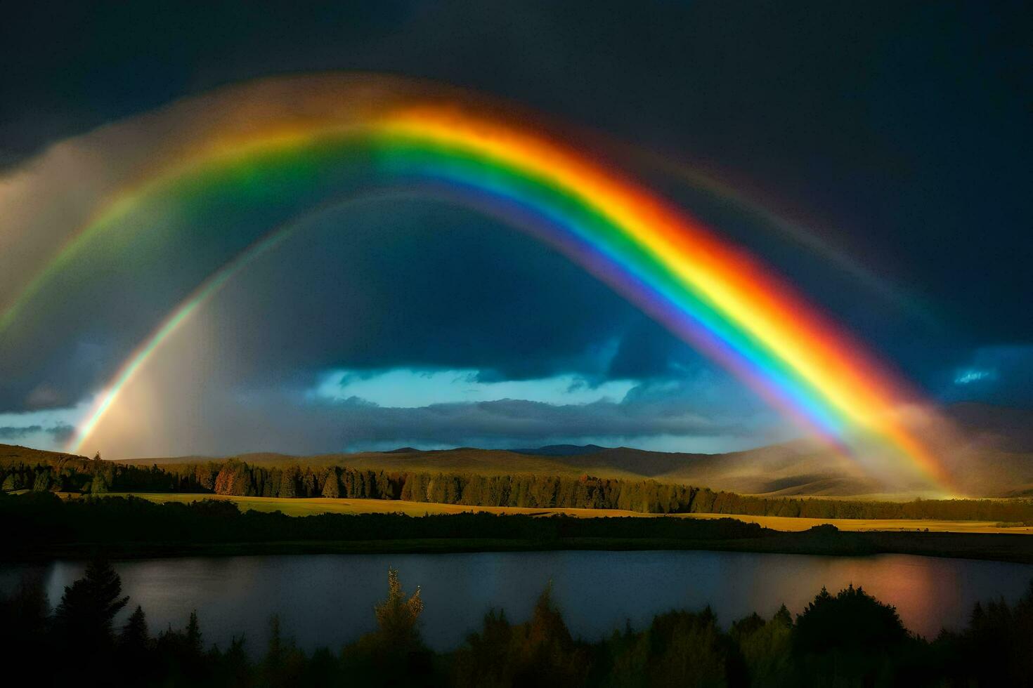 ai generato un' arcobaleno al di sopra di un' lago e montagne foto