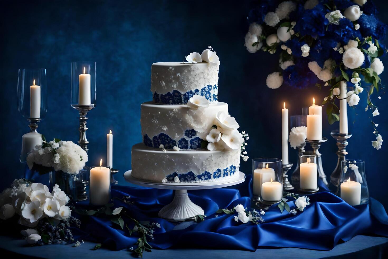 ai generato un' nozze torta con blu e bianca fiori foto