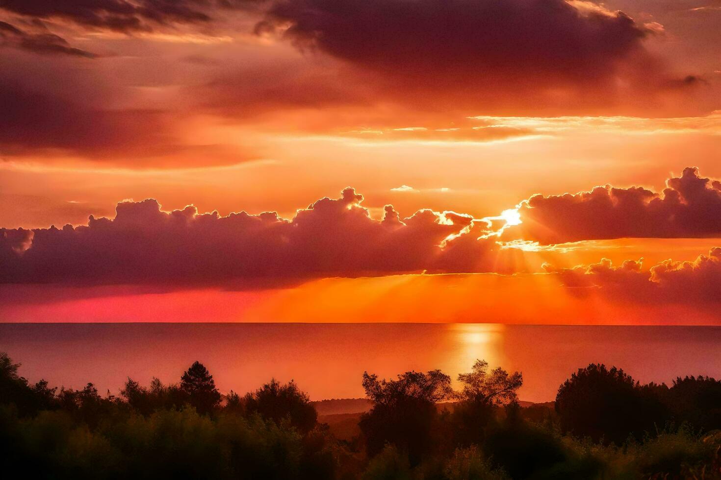 ai generato il sole imposta al di sopra di il oceano e nuvole foto