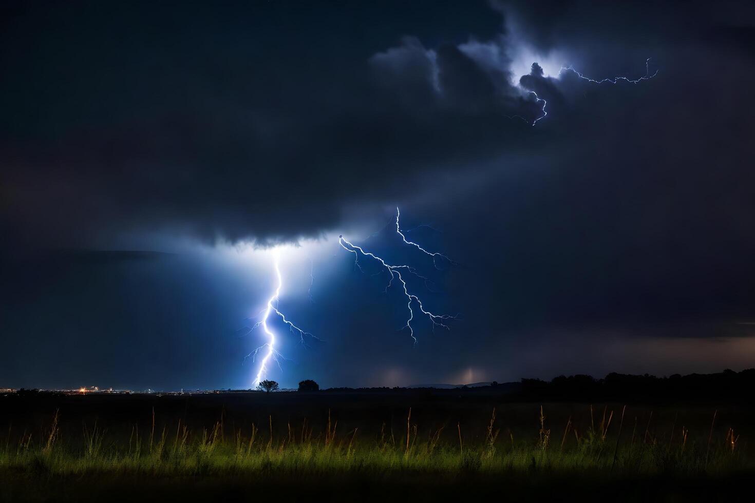 ai generato fulmine scioperi al di sopra di un' campo a notte foto