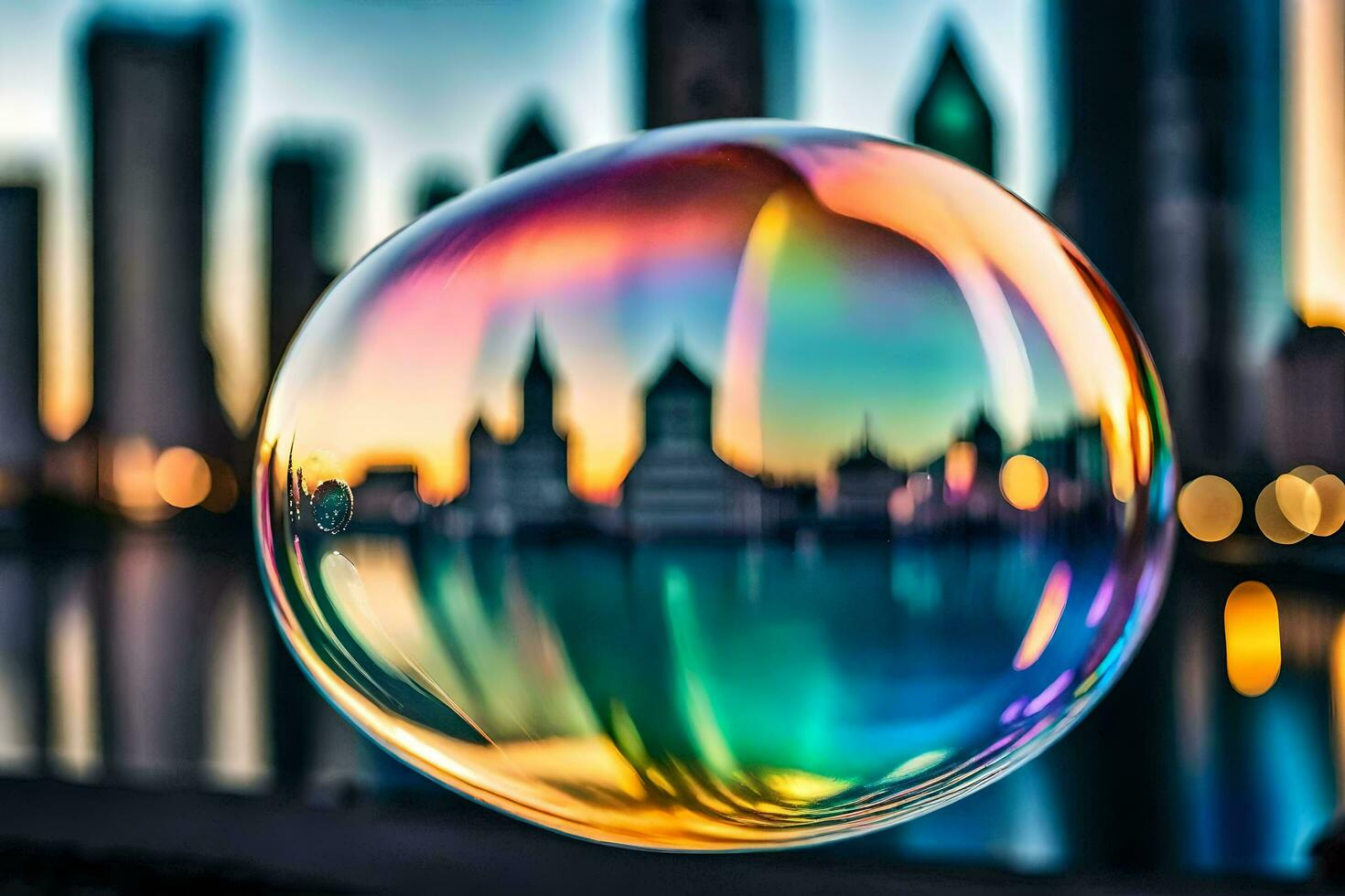 ai generato un' colorato sapone bolla con un' città nel il sfondo foto