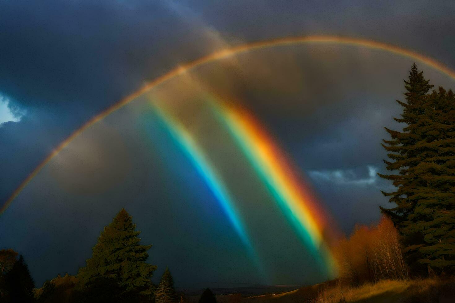 ai generato un' Doppio arcobaleno è visto nel il cielo foto