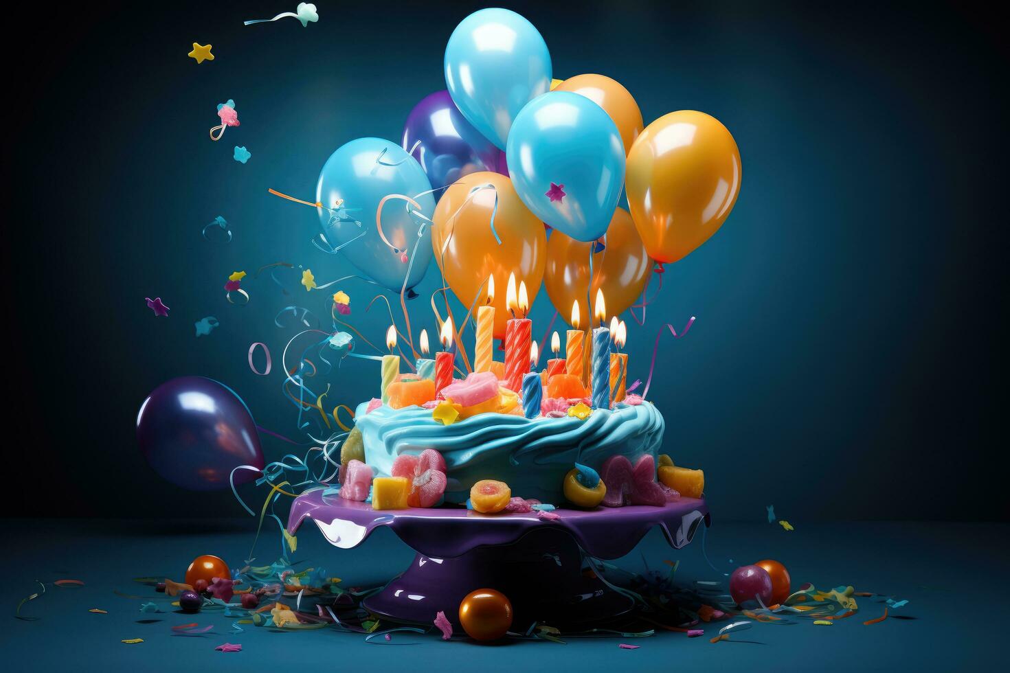 ai generato compleanno torta decorazione con candela e colore palloncini, ai generato foto