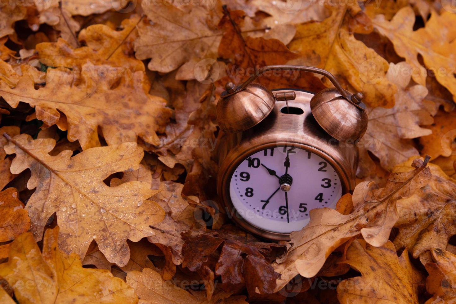 foglie di autunno cadono e sveglia. concetto di tempo autunnale foto