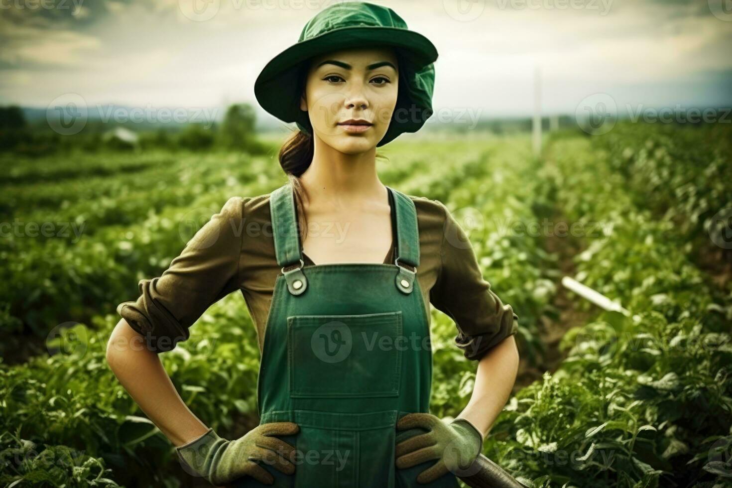 ai generato un' donna nel tuta da lavoro sta tra il colture nel un' vasto campo foto