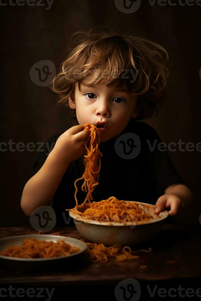 ai generato poco ragazzo mangiare tagliatelle foto