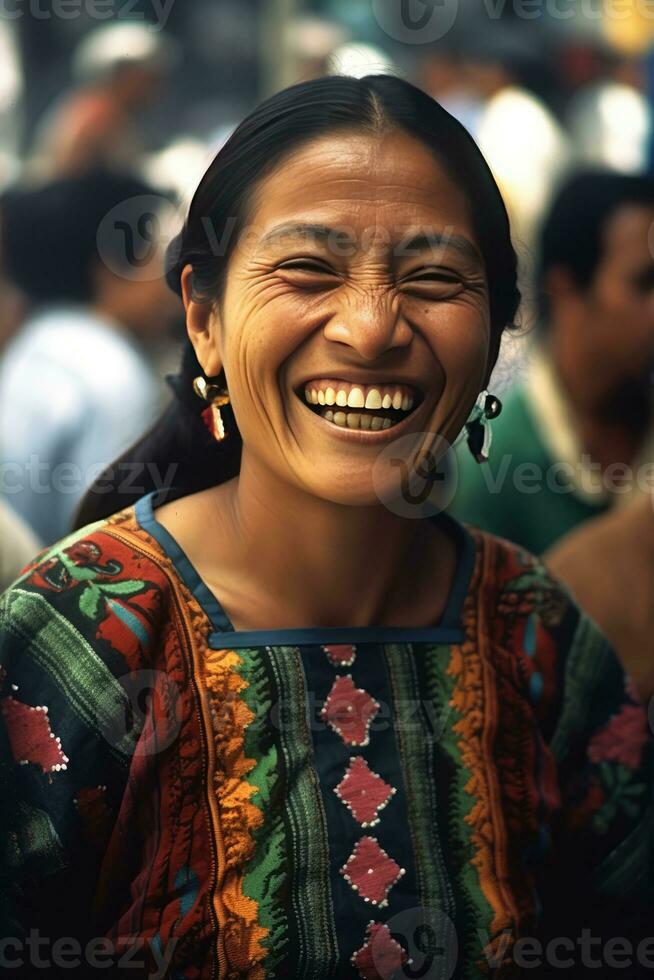 ai generato un' sorridente donna nel un' colorato vestito foto