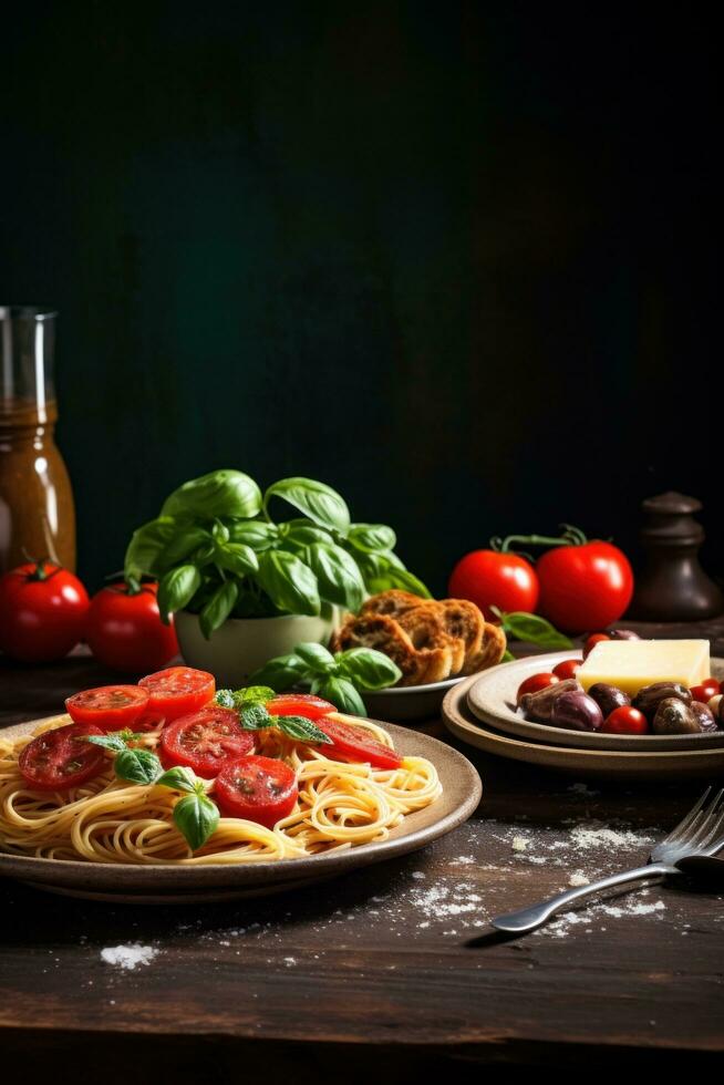 ai generato un' allettante cena preparativi con pasta, antipasti, e invitante copia spazio per testo foto