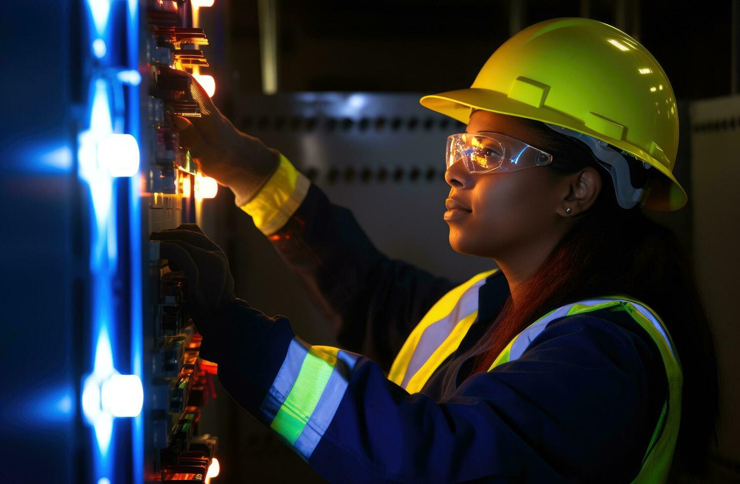 ai generato elettrico lavoratore Tenere interruttore pannello nel un elettrico pannello foto