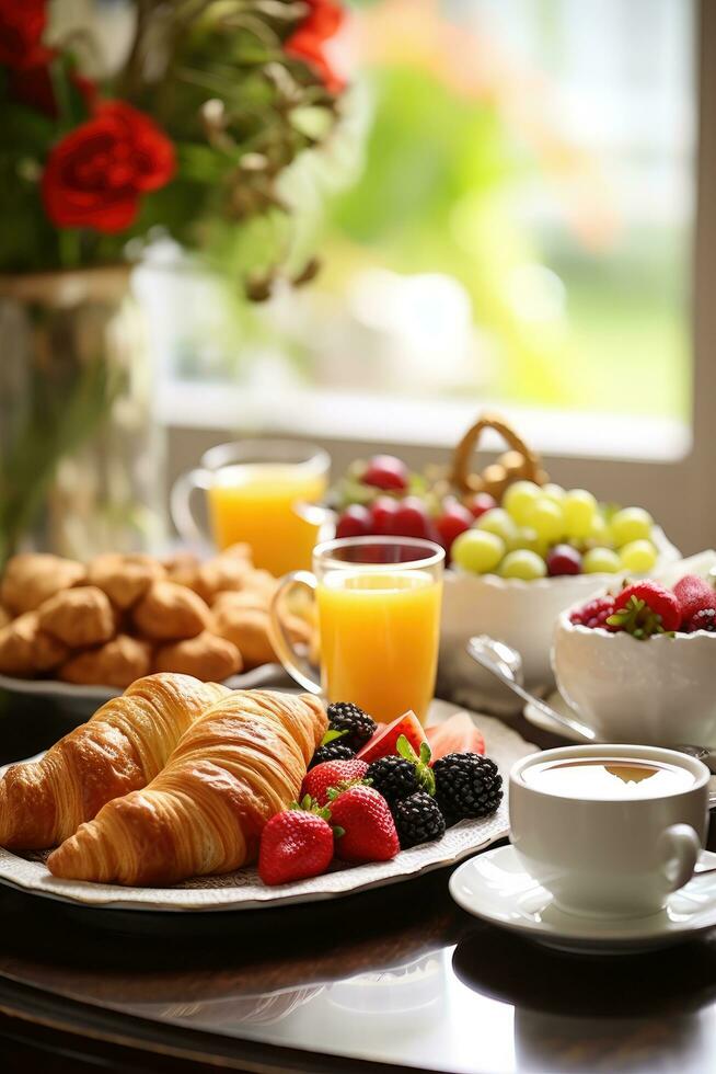 ai generato un' buongustaio mattina differenza, pasticcini, fresco frutta, e invitante caffè, più generoso copia spazio foto