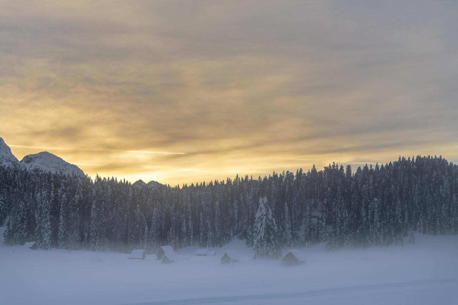 dopo la nevicata. ultime luci del crepuscolo a sappada. magia delle dolomiti foto