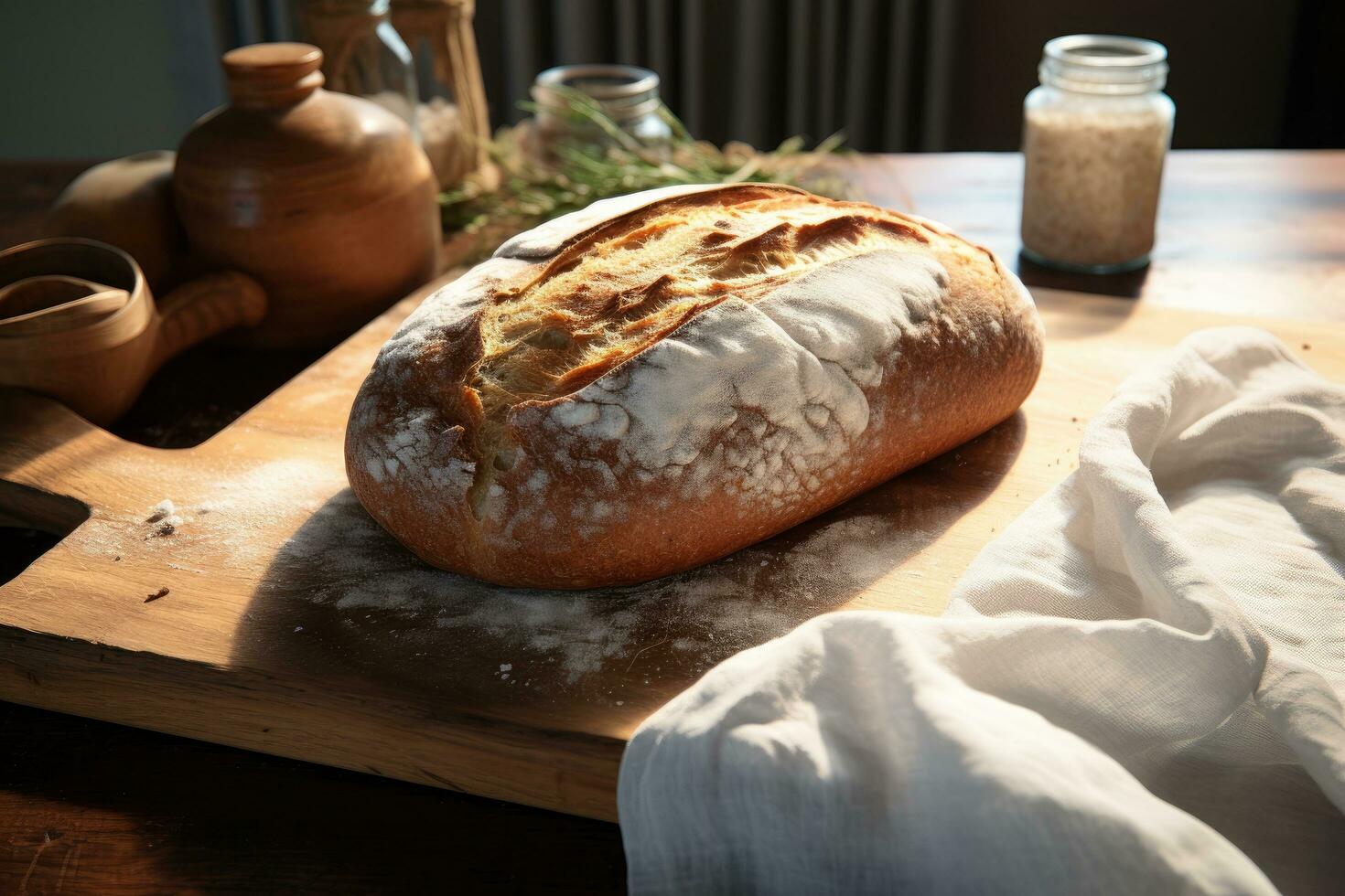 ai generato un' pagnotta di pane seduta su un' di legno tavola foto