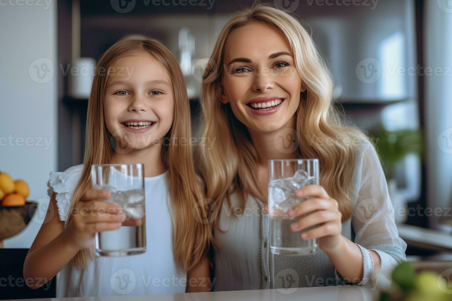 ai generato un' madre e figlia Condividere un' bicchiere di acqua foto