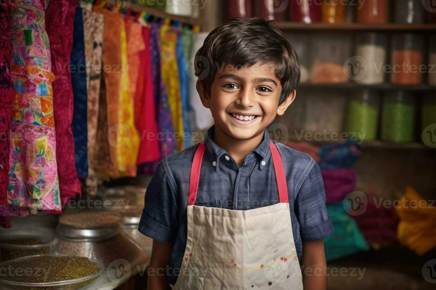 ai generato un' giovane ragazzo con un' Sorridi, Lavorando nel il di famiglia tessuto negozio foto