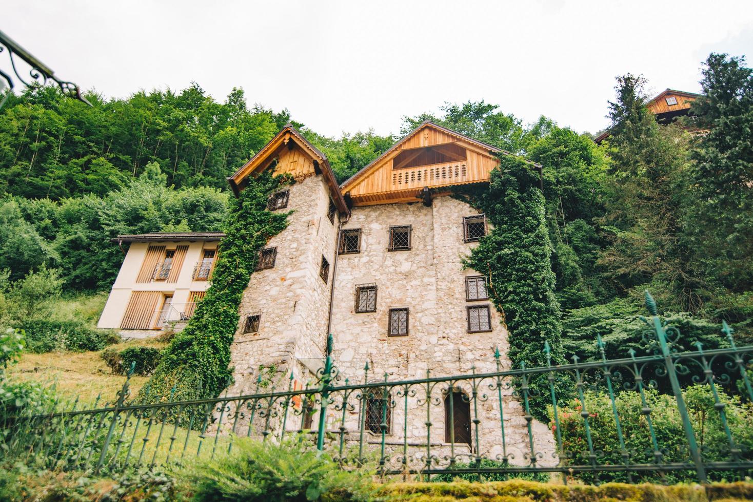 vecchio edificio in pietra ricoperto di edera rampicante foto