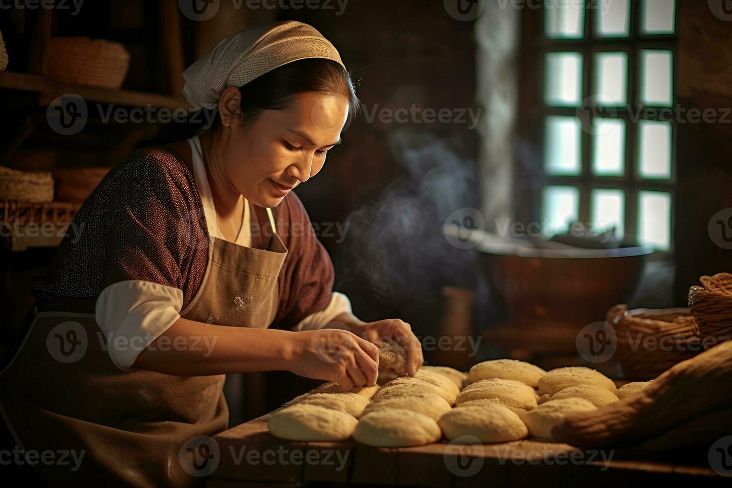 ai generato un' donna nel un' Marrone vestito è cottura al forno pane nel un forno foto