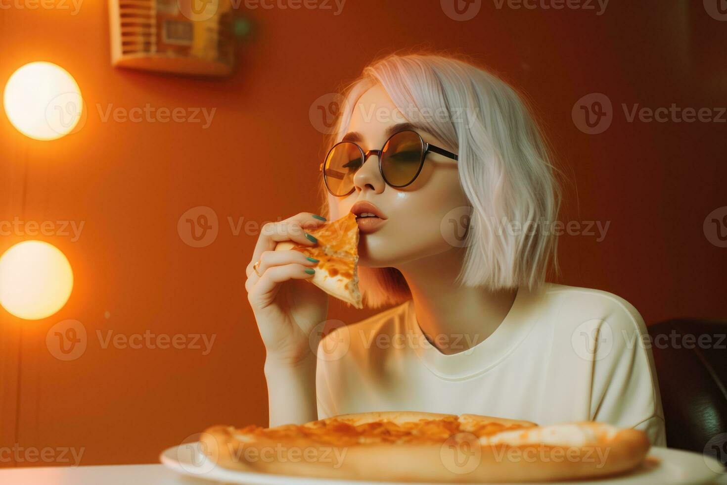 ai generato femmina mangiare Pizza nel un' comodo casa ambientazione foto