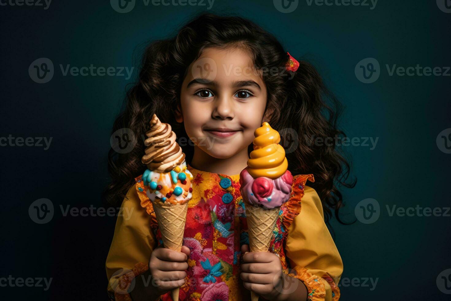 ai generato un' poco ragazza felicemente Tenere Due colorato ghiaccio crema coni foto