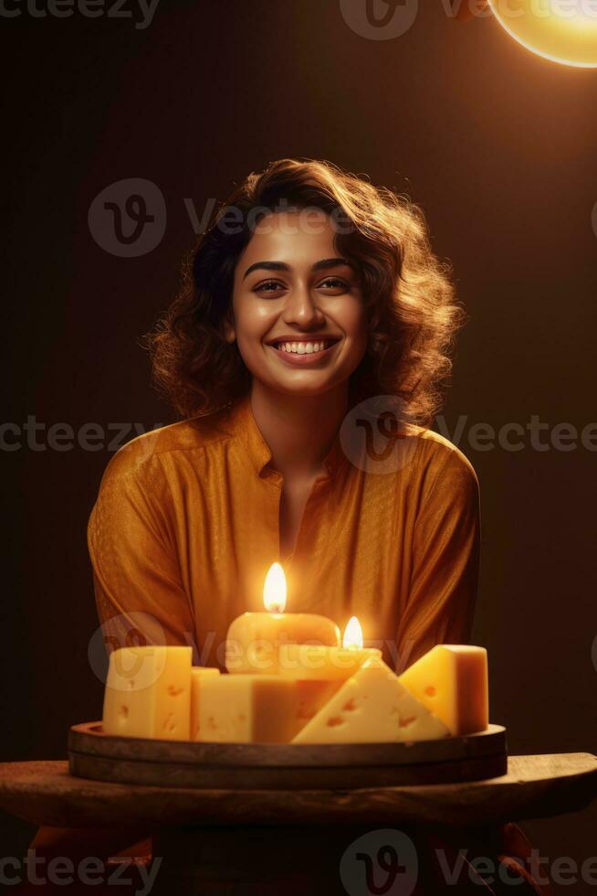 ai generato un' sorridente bellezza Regina con un' formaggio castello foto