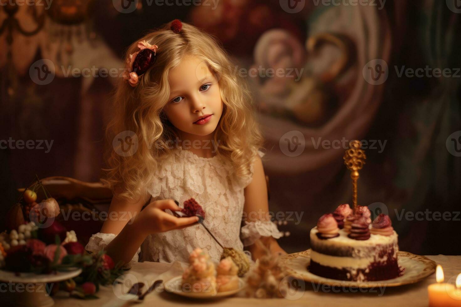 ai generato un' poco ragazza gode decorazione e mangiare torta foto