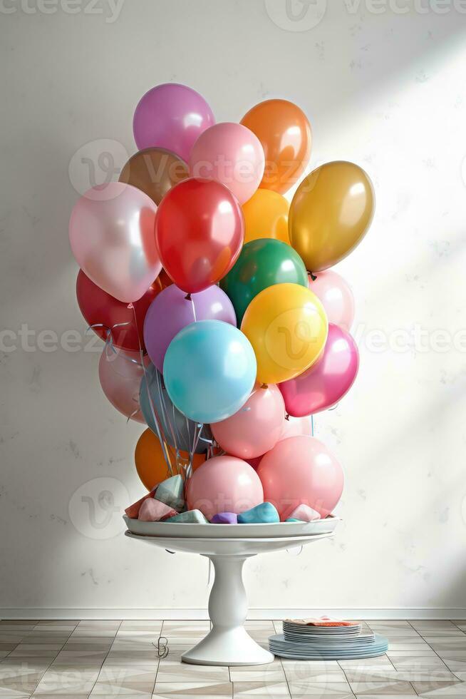 ai generato compleanno celebrazione - gigante Torre di colorato palloncini foto