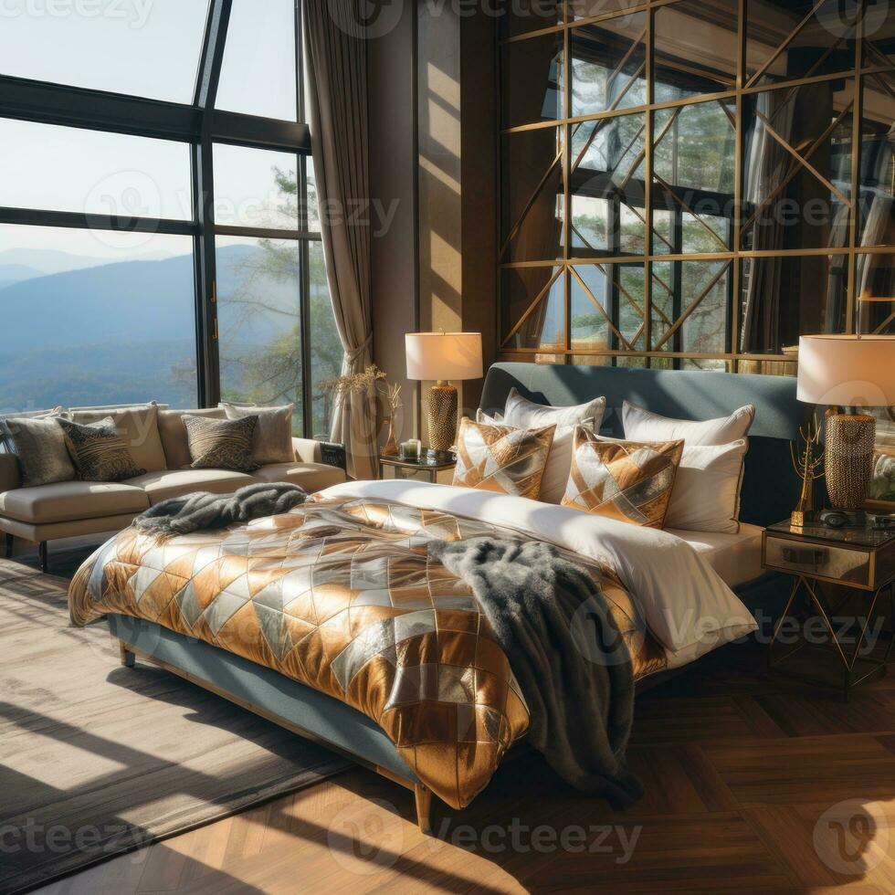 ai generato coperte su materassi, sedie e tavoli siamo nel il interno concetto Casa per alberghi, resort e lusso elegante alloggi, per riposo, rilassante, addormentato foto